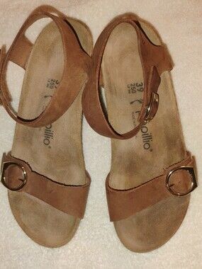 Papillio Brown Suede Ankle Strap Sandals with Gold Buckles